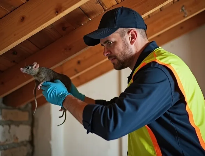 Technician inspecting a roof cavity for a dead rat in Flinders